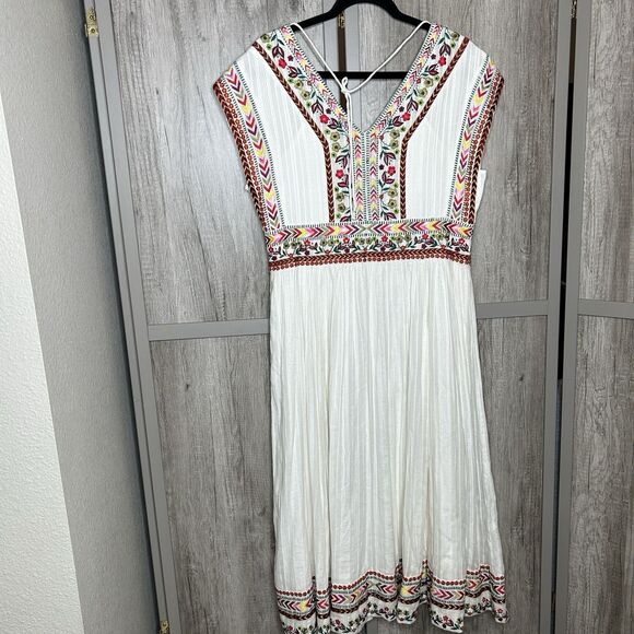 Sundance White Dress Size 10 Midi Embroidered Bohemian Long Full Skirt Cotton - Picture 7 of 8